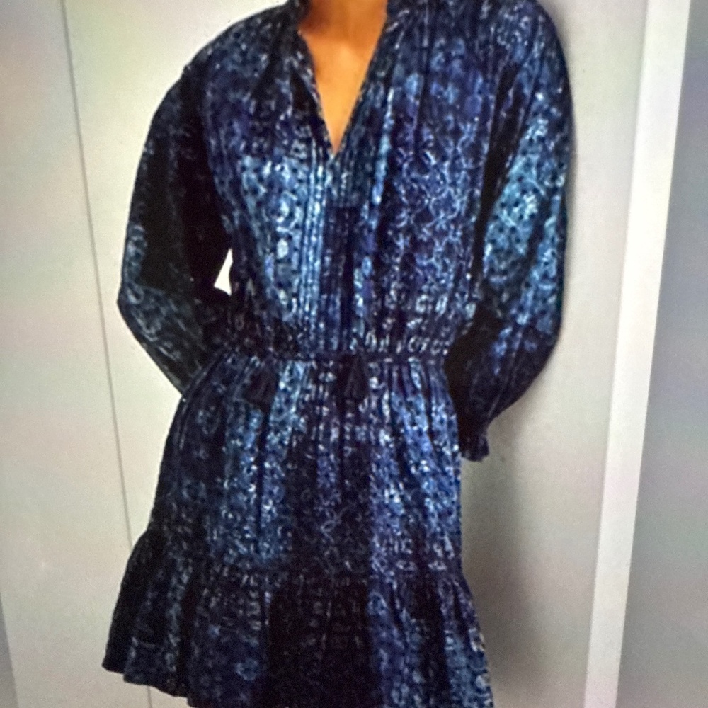 Lauren Ralph Lauren Puff Long Sleeve Geometric Print Eyelet Ruffle Tassel Dress